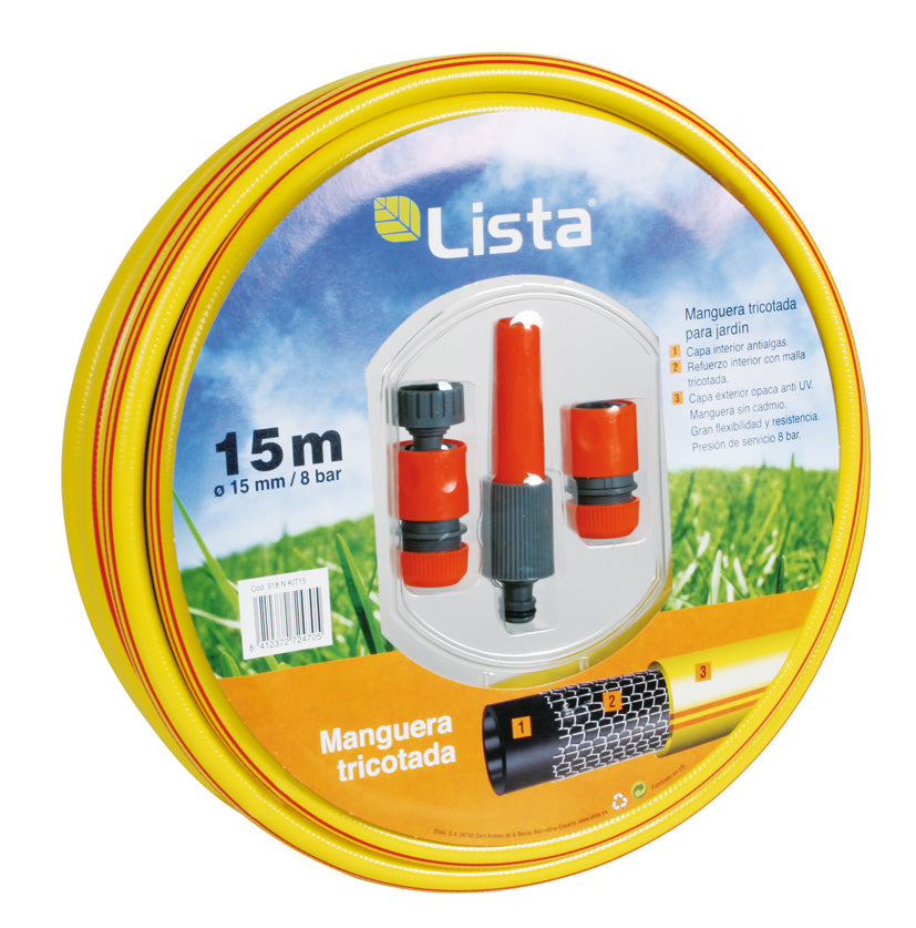 Kit de manguera de riego LISTA tricotada de 15 metros color amarillo con lanza y conectores rápidos incluidos