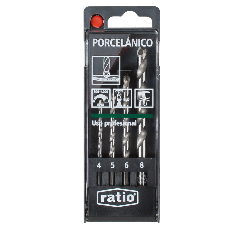 Estuche de 4 brocas profesionales RATIO X-Treme para porcelánico y piedra diámetros 4 5 6 y 8 mm