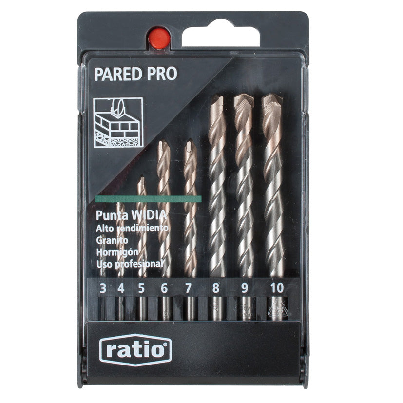 Estuche de 8 brocas profesionales RATIO para pared y hormigón con puntas de carburo de tungsteno de 3 a 10 mm.
