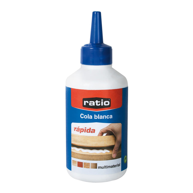 Bote de cola blanca rápida RATIO 250g con boquilla de precisión para pegado de madera y multimaterial