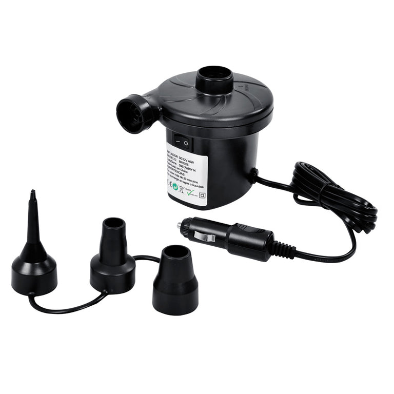 Inflador eléctrico 12V para coche con 3 boquillas intercambiables y conexión a encendedor para camping y playa.