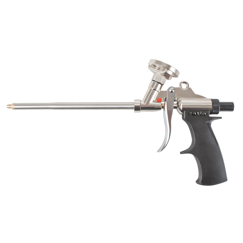 Pistola para espuma de poliuretano RATIO 5175 con cuerpo de aluminio niquelado y mango ergonómico negro.