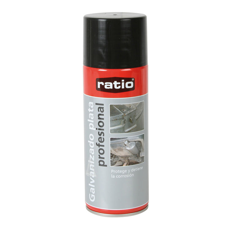 Bote de spray galvanizado plata profesional marca Ratio de 400ml para protección de metales y soldaduras