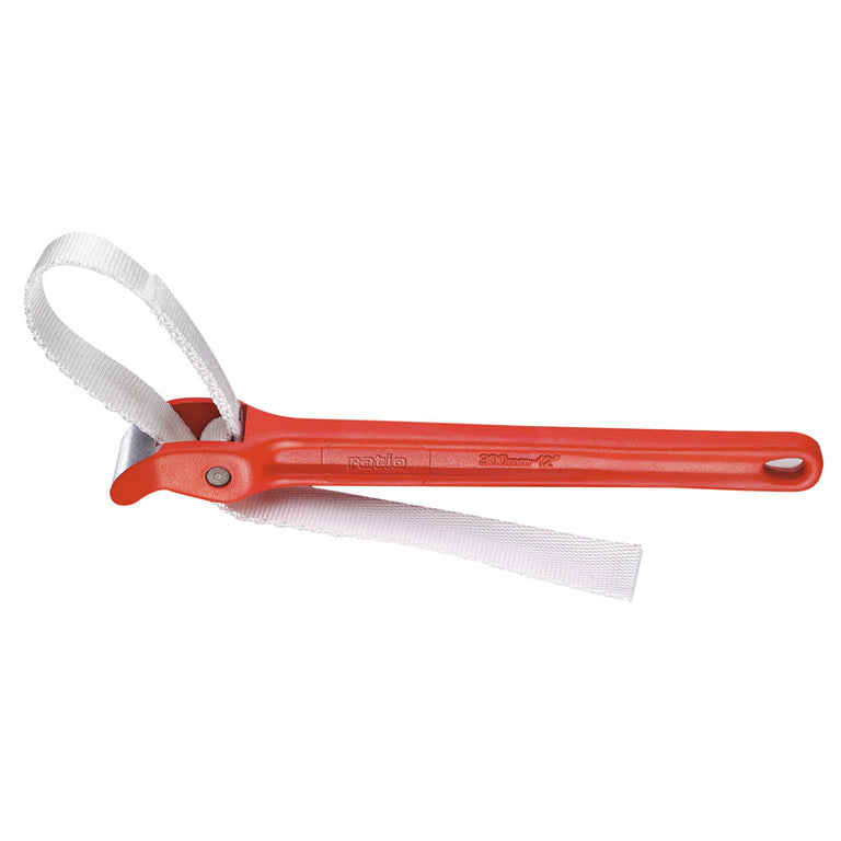 Llave de correa RATIO 5976 con mango rojo de aluminio y correa de nylon blanca para tubos.