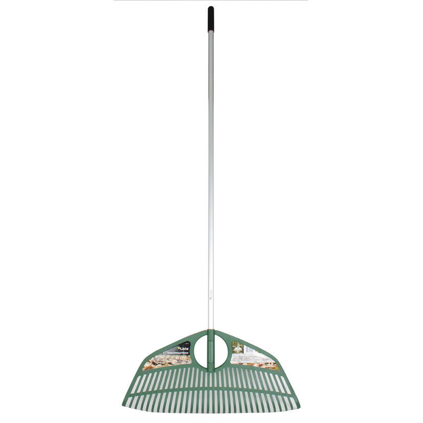 Escoba de jardín LISTA profesional de 70 cm con mango de aluminio y cabezal de polipropileno verde.