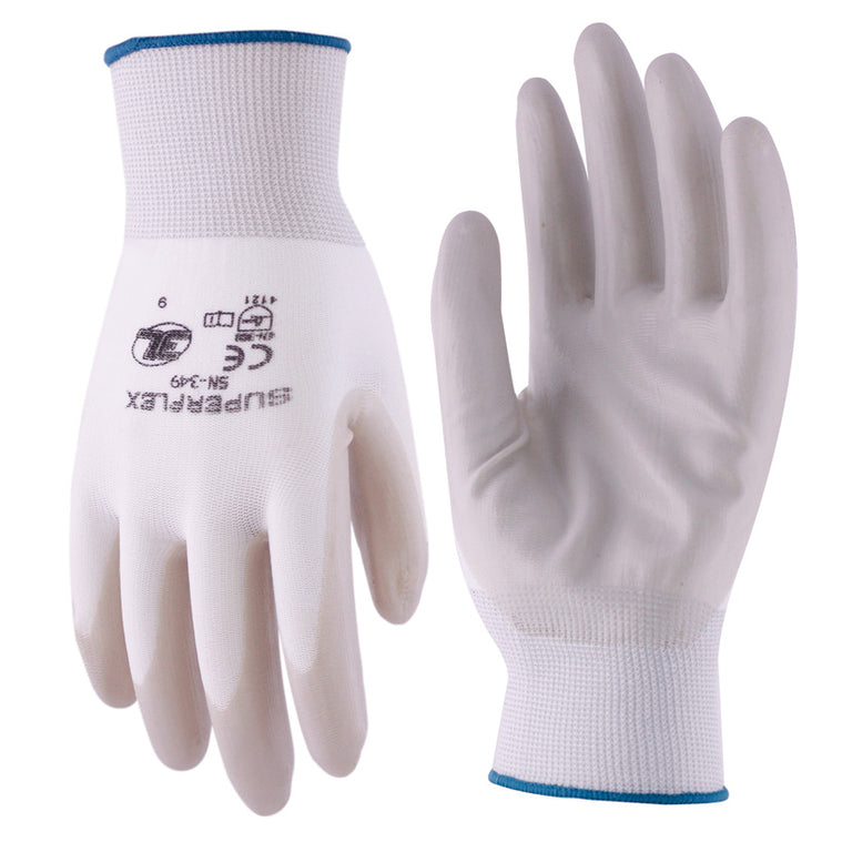 Par de guantes 3L Super Flex SN-349 de nylon blanco con palma de nitrilo gris para trabajos de precisión.