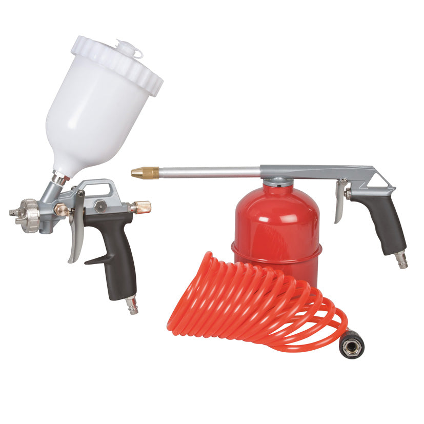 Pistola de pintar por gravedad, pistola de petrolear y manguera espiral roja
