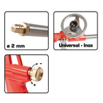 Detalle de boquilla de cobre de 2mm, rosca universal de acero inoxidable y mando regulador de flujo.