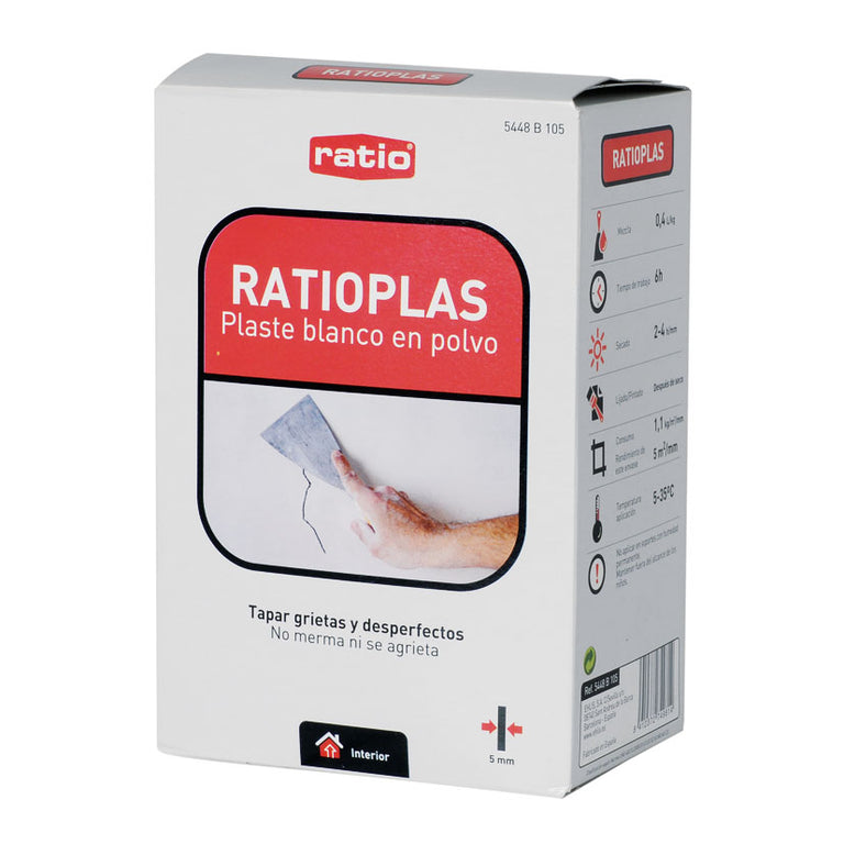 Envase de 1 kg de plaste blanco en polvo Ratioplas RATIO para tapar desperfectos en superficies de yeso.