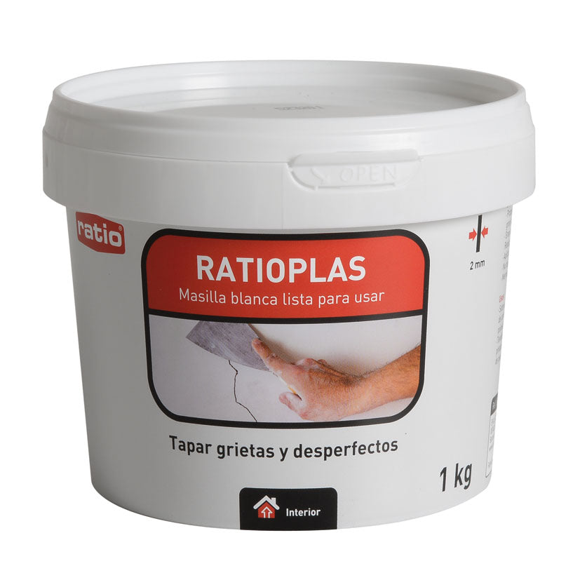 Bote de 1 kg de masilla blanca RATIO Ratioplas para tapar grietas y desperfectos en interior.