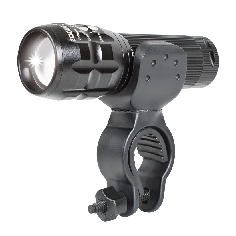 Detalle del soporte de linterna RATIO en color negro con tornillo de ajuste manual y gomas internas