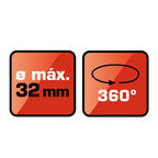 Iconos técnicos del soporte RATIO indicando diámetro máximo de 32 mm y rotación de 360 grados