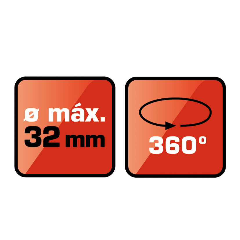 Iconos técnicos del soporte RATIO indicando diámetro máximo de 32 mm y rotación de 360 grados