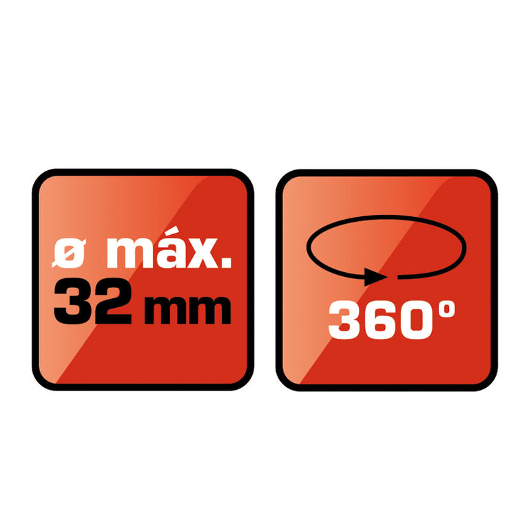 Iconos técnicos del soporte RATIO indicando diámetro máximo de 32 mm y rotación de 360 grados