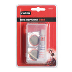 Kit de reparación de pinchazos RATIO 5869 en blíster con parches, pegamento y rascador para bicicleta.
