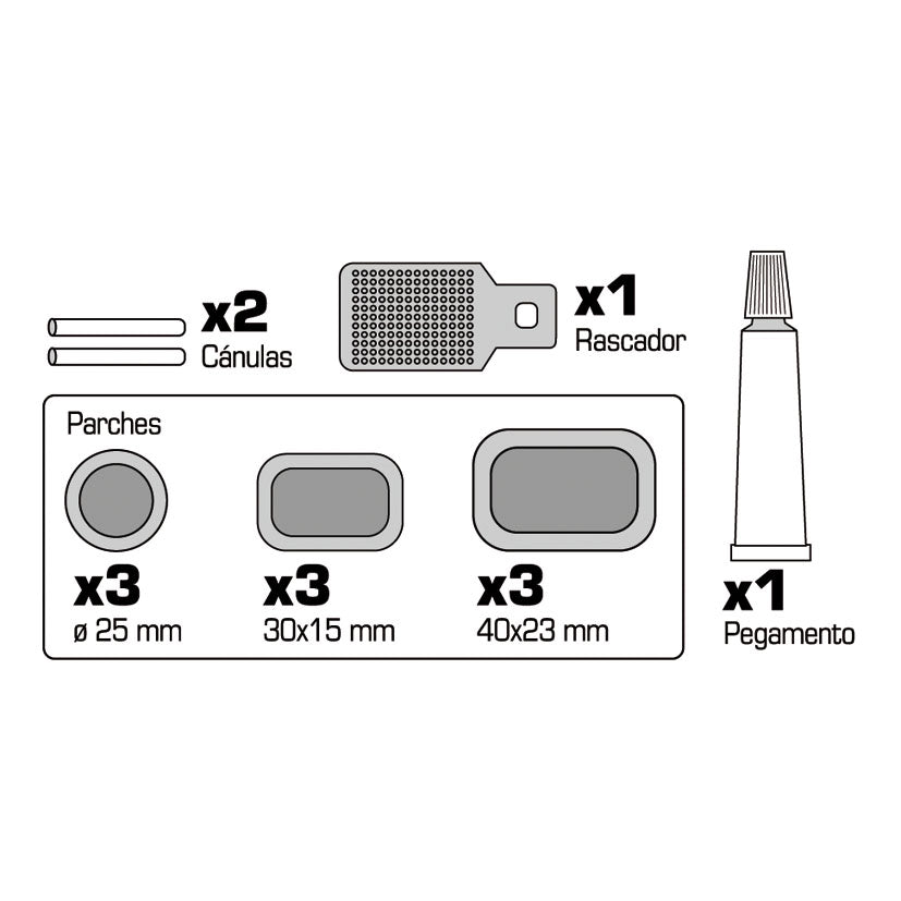 Despiece del kit RATIO: 9 parches de tres tamaños, rascador metálico, 2 cánulas y tubo de pegamento para caucho.