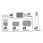 Despiece del kit RATIO: 9 parches de tres tamaños, rascador metálico, 2 cánulas y tubo de pegamento para caucho.