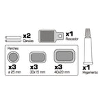 Despiece del kit RATIO: 9 parches de tres tamaños, rascador metálico, 2 cánulas y tubo de pegamento para caucho.