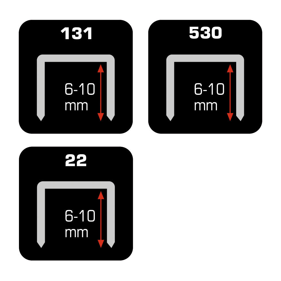 Infografía de compatibilidad de grapas 131, 530 y 22 de 6 a 10 mm para clavadora RATIO.