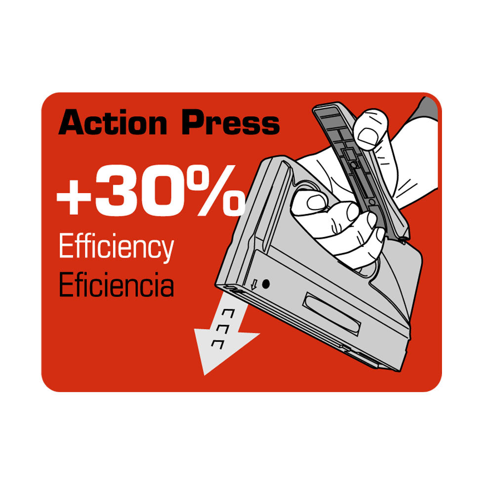 Diagrama explicativo del sistema Action Press que aumenta la eficiencia un 30% en el grapado.