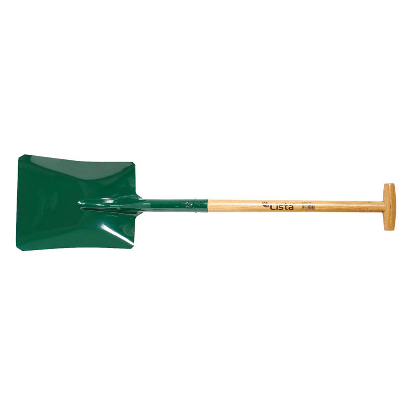 Pala cuadrada Lista Nº3 de acero templado verde con mango de madera y empuñadura de muleta en T