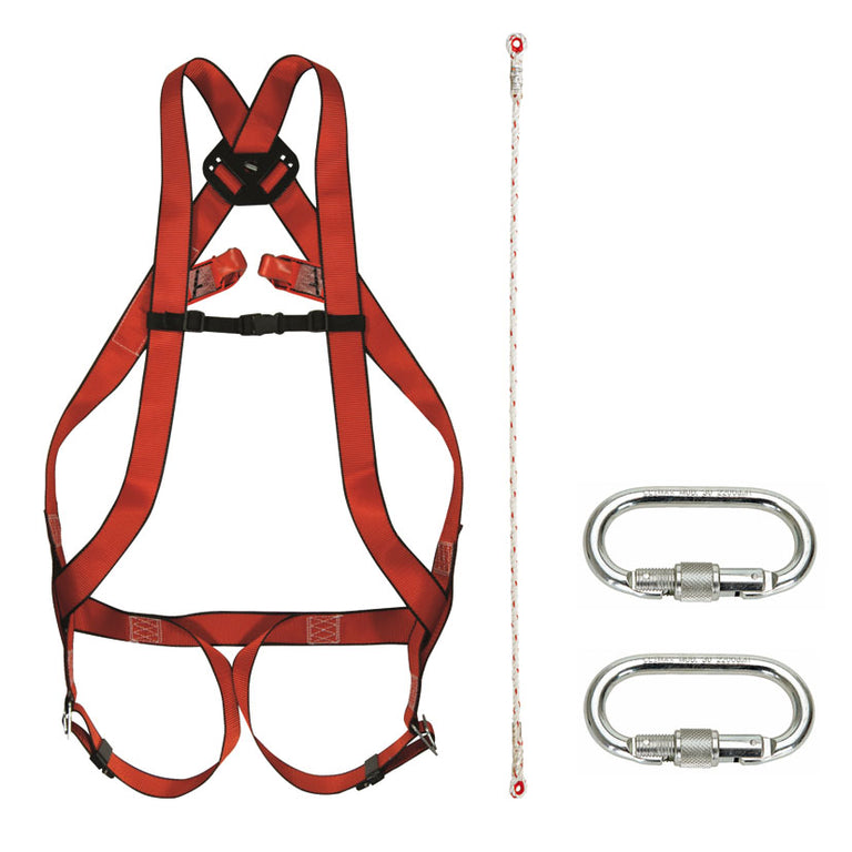 Kit de arnés de seguridad Climax 10-C Plus rojo con cuerda de 1.5m y dos mosquetones de acero con cierre de seguridad.