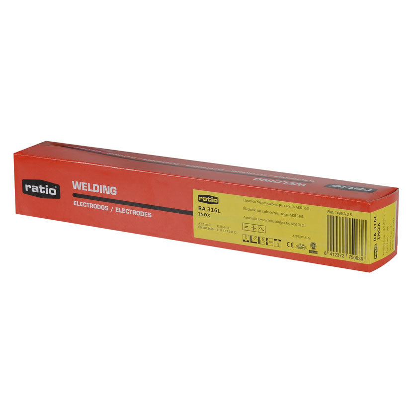 Caja roja de electrodos RATIO 316L para soldadura de acero inoxidable con detalles técnicos y homologaciones.