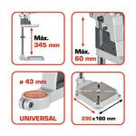 Infografía técnica del soporte RATIO: altura 345mm, profundidad 60mm, cuello 43mm y base de 230x160mm.