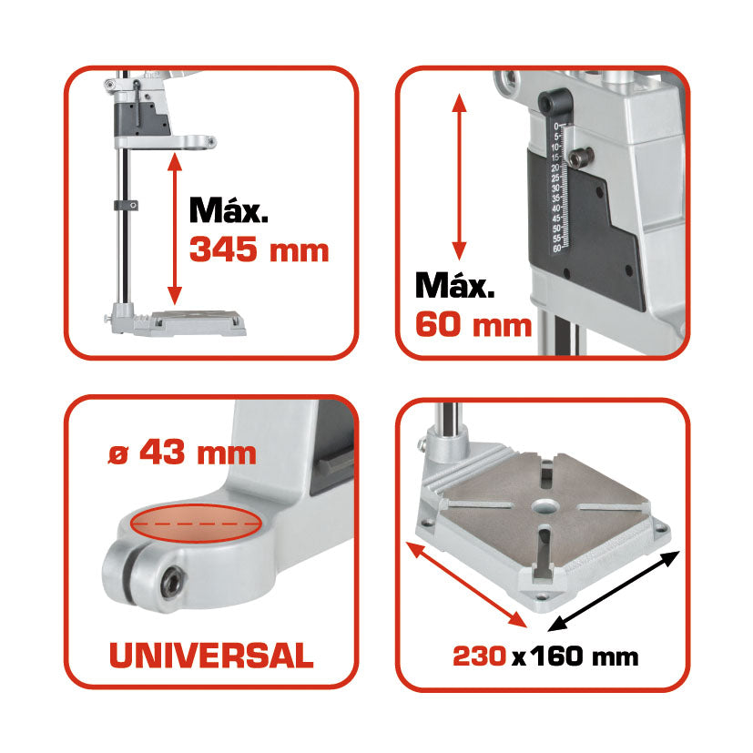 Infografía técnica del soporte RATIO: altura 345mm, profundidad 60mm, cuello 43mm y base de 230x160mm.