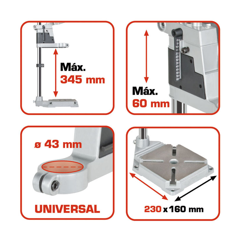 Infografía técnica del soporte RATIO: altura 345mm, profundidad 60mm, cuello 43mm y base de 230x160mm.