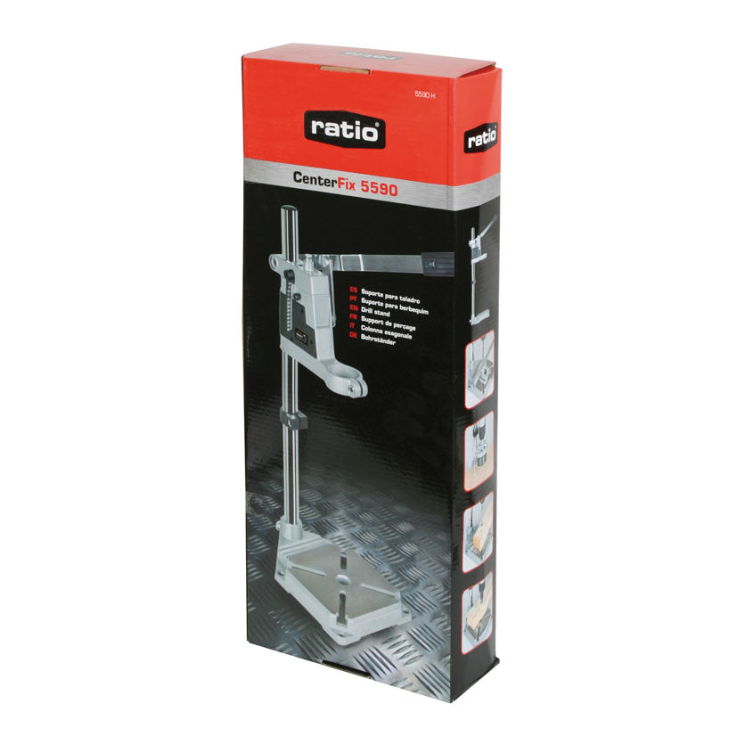 Embalaje original del Soporte para taladro RATIO CenterFix 5590 con detalles de compatibilidad y uso.
