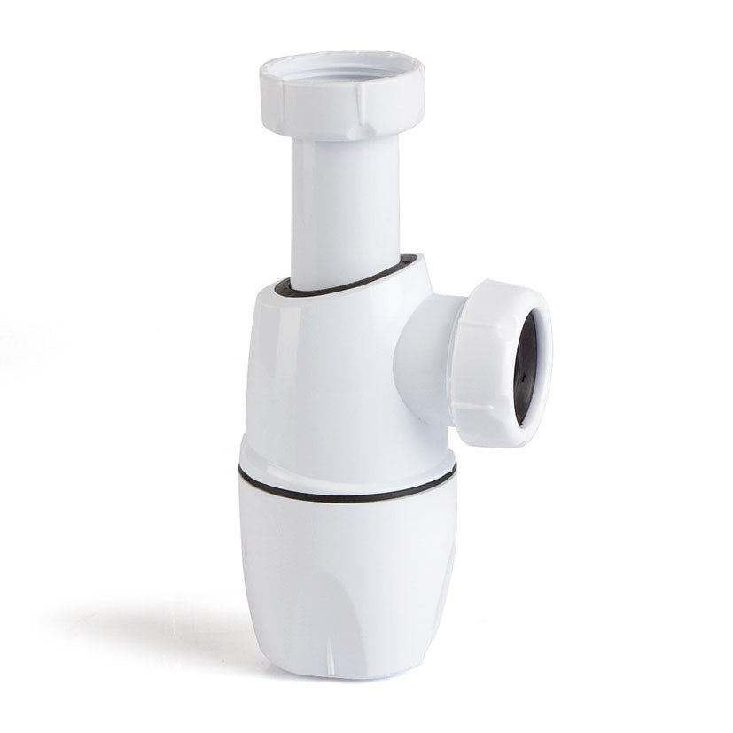 Sifón de botella extensible Jimten Juntafix 1 1/4 blanco con salida horizontal y racor de conexión.