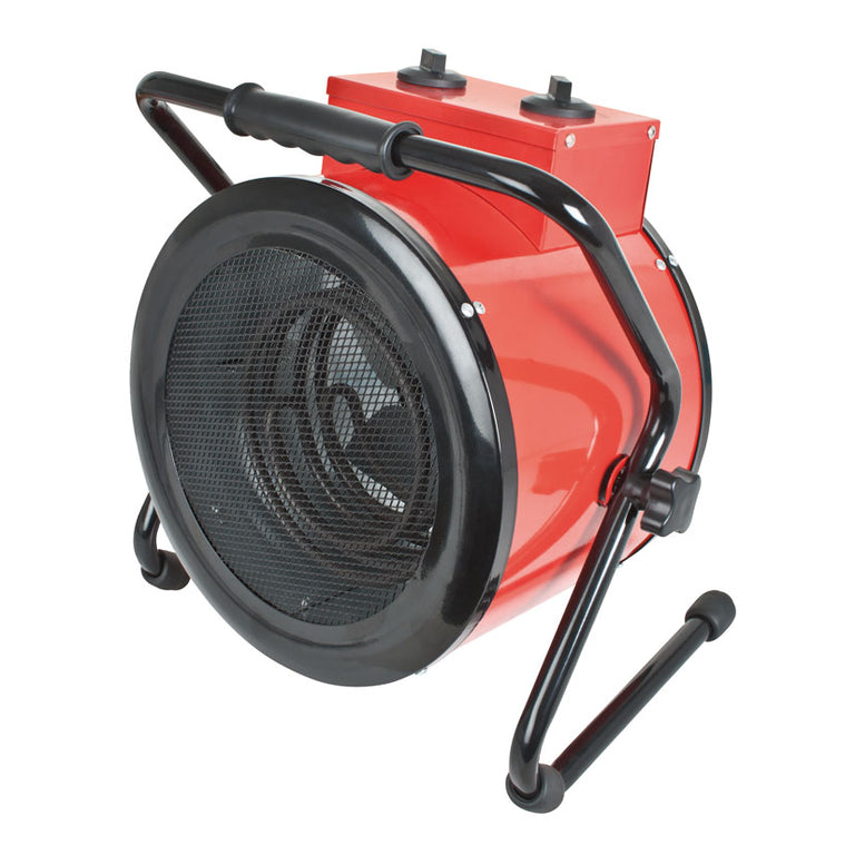 Calefactor industrial Habitex E178 rojo de 3000W con cabezal orientable y asa de transporte.