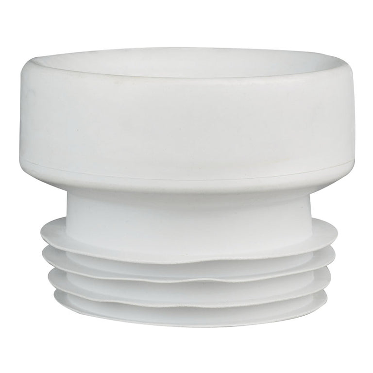 Manguito WC concéntrico blanco flexible con juntas integradas para instalación sanitaria.