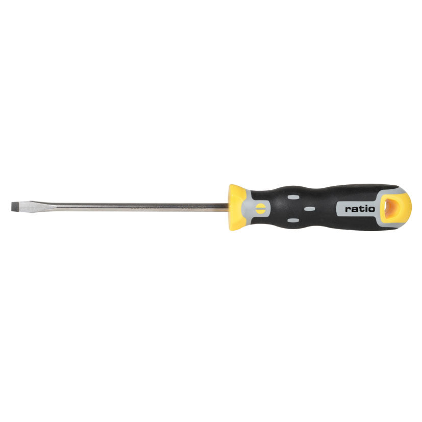Destornillador de punta plana RATIO DynamicTecno con mango trimaterial amarillo y negro
