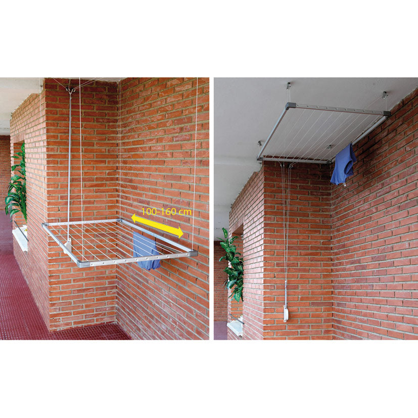 Tendedero de techo Habitex Tezno de aluminio anodizado extensible de 100 a 160 cm instalado en un balcón.