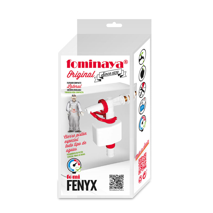 Caja del producto Fominaya Fenyx lateral con especificaciones técnicas y código QR de instalación.