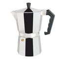 Cafetera italiana clásica Habitex de aluminio con mango negro ergonómico y pomo superior.