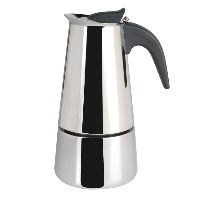 Cafetera italiana HABITEX Neos Induction en acero inoxidable pulido con mango negro ergonómico.