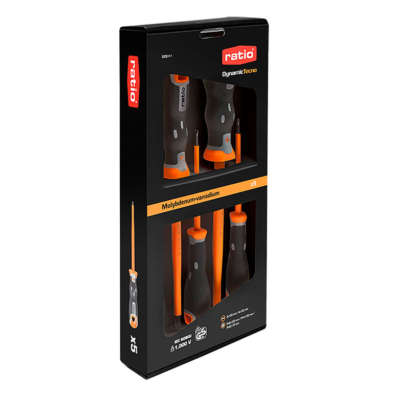 Juego de 5 destornilladores aislados RATIO DynamicTecno-Aislo 1000V en caja de presentación negra y naranja.