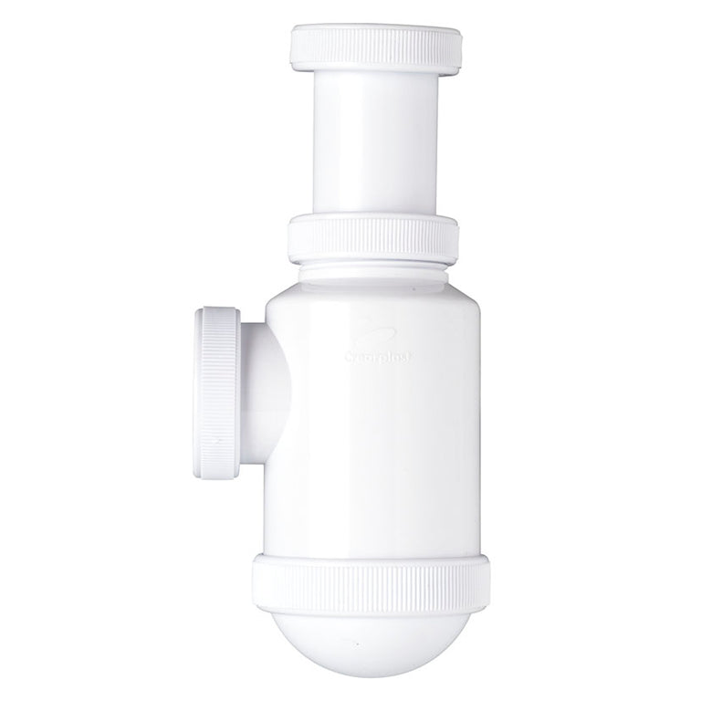 Sifón de botella extensible Crearplast C-2 blanco con salida horizontal y racor para desagüe sanitario.