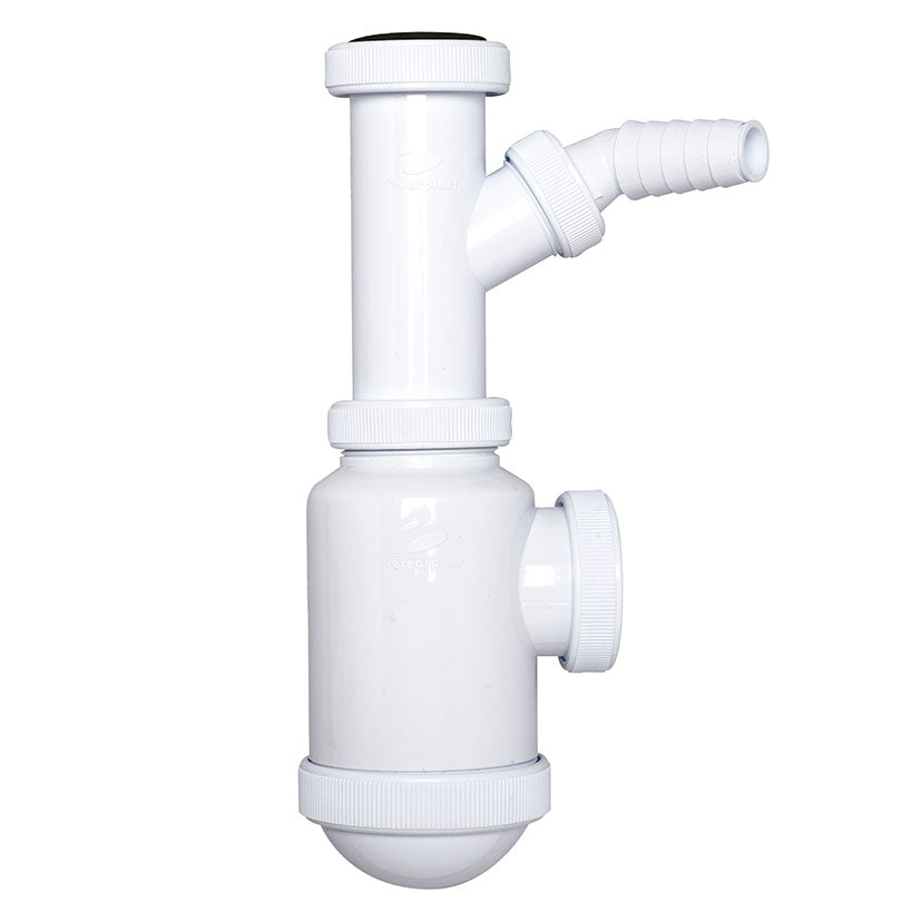 Sifón botella extensible Crearplast C-5 blanco con toma para electrodomésticos y salida horizontal de 40mm