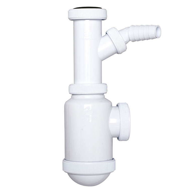 Sifón botella extensible Crearplast C-5 blanco con toma para electrodomésticos y salida horizontal de 40mm