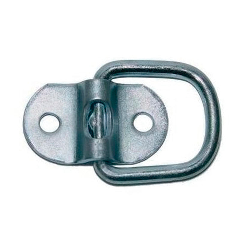 Placa de amarre metálica con anilla móvil en forma de D y dos orificios para tornillos de fijación.