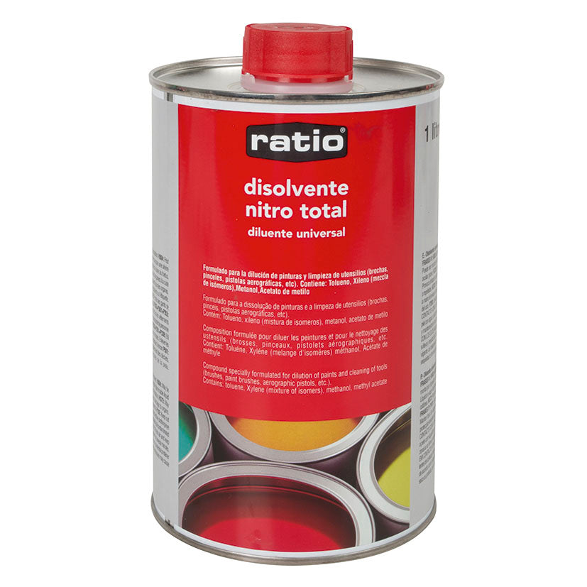 Envase metálico de 1 litro de disolvente nitro total RATIO con tapón de seguridad rojo.