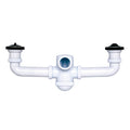 Sifón botella doble extensible Crearplast C-70 de color blanco con dos válvulas y salida horizontal para fregadero de dos senos