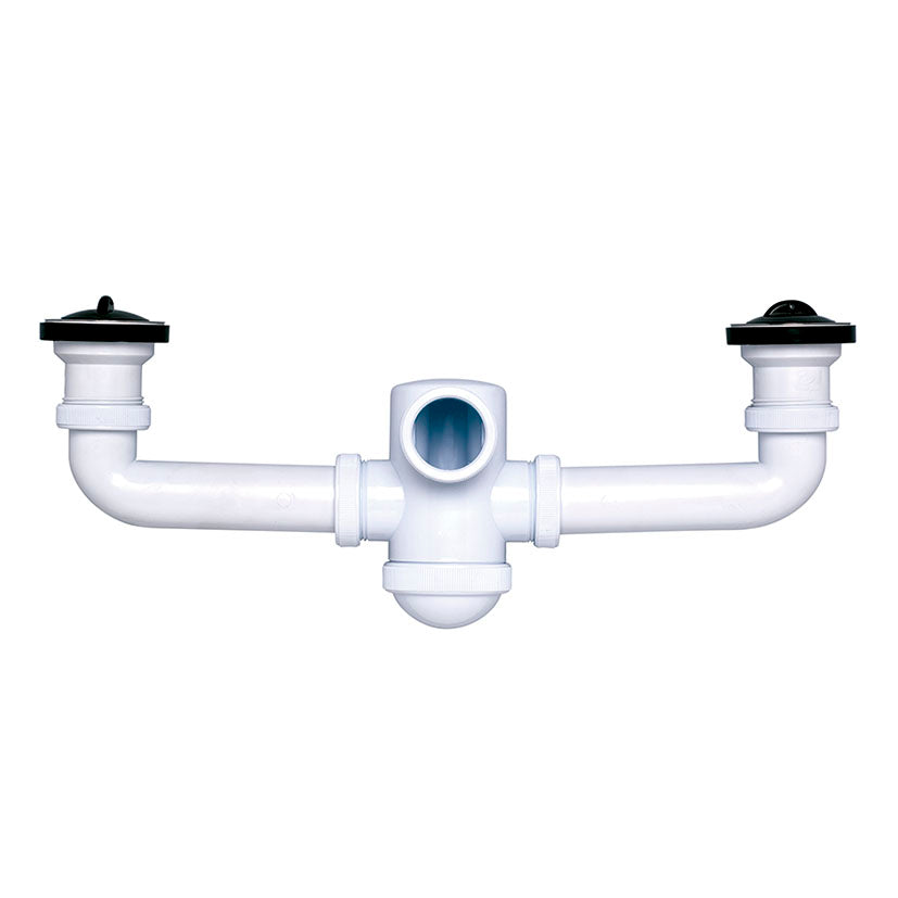 Sifón botella doble extensible Crearplast C-70 de color blanco con dos válvulas y salida horizontal para fregadero de dos senos