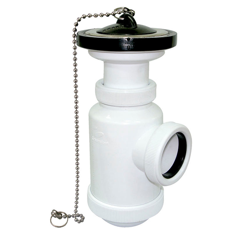 Sifón de botella extensible Crearplast blanco con válvula, tapón y cadena para desagüe de lavabo o bidé