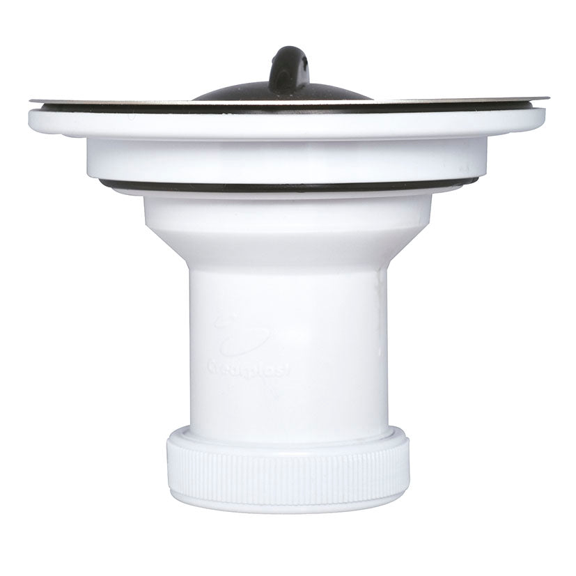 Válvula de desagüe para fregadero Crearplast C-82 de 115 mm en acero inoxidable y PVC blanco con tapón negro