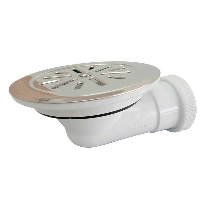 Válvula sifónica para plato de ducha Crearplast C-97 con rejilla de acero inoxidable y salida horizontal blanca.